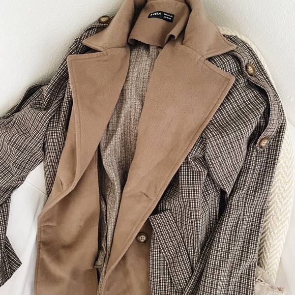 🍂 SHEIN | brown plaid oversized button down trench coat - Picture 2 of 11